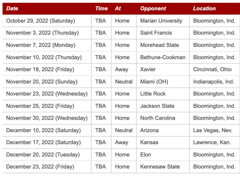 Indiana University Basketball Schedule Printable