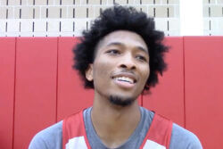 Indiana's Sam Alexis speaks to reporters.