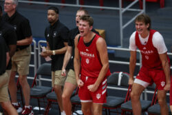 IU basketball's Trent Sisley celebrates a play.