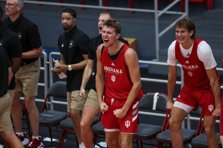 IU basketball's Trent Sisley celebrates a play.