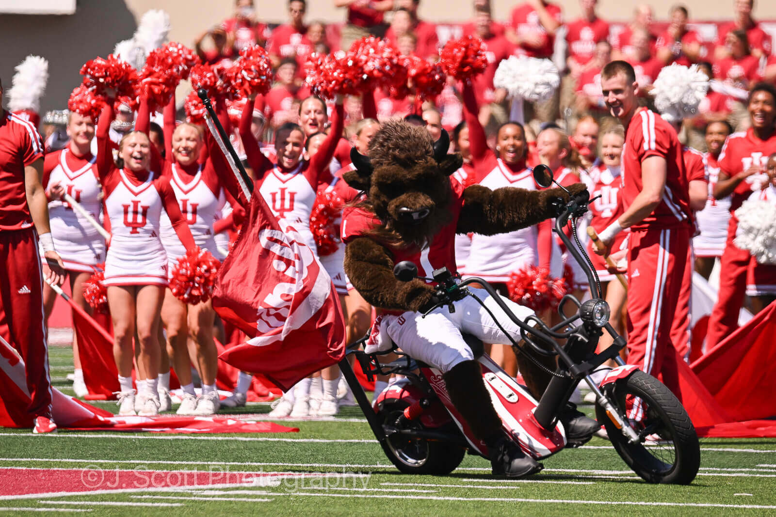 Hoosier Bison rides a motorcycle on the field at Memorial Stadium.
