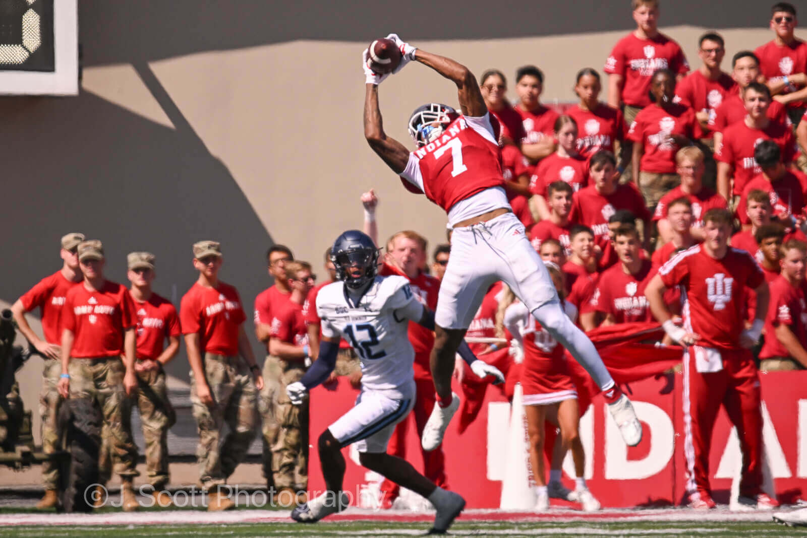 IU football defensive back Louis Moore intercepts a pass.