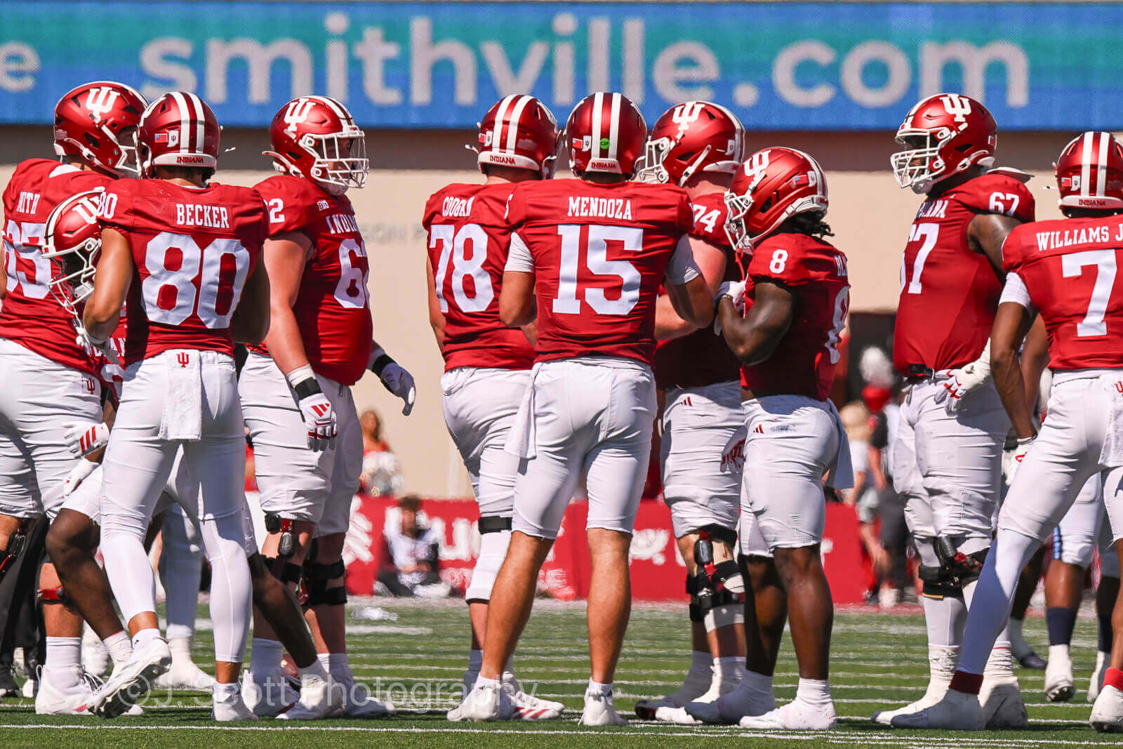 IU football quarterback Fernando Mendoza in the huddle.