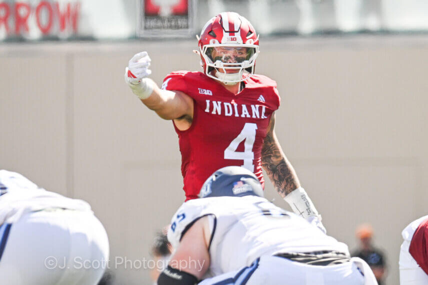 IU football linebacker Aiden Fisher directs the defense.