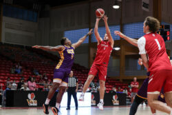 IU basketball wing Tucker DeVries attempts a jump shot.