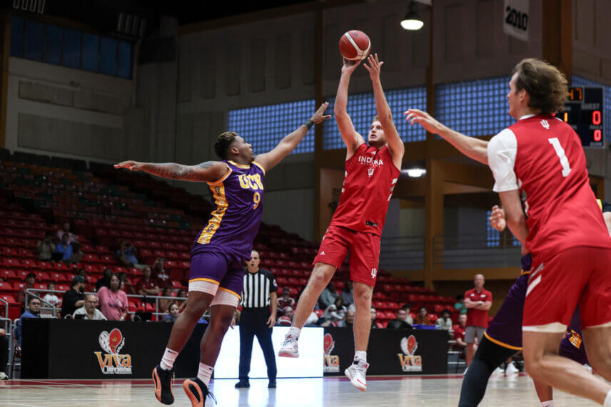 IU basketball wing Tucker DeVries attempts a jump shot.