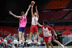 Tucker DeVries attempts a jump shot.