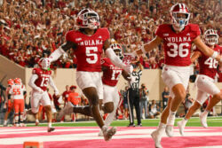 IU's D'Angelo Ponds celebrates a touchdown.