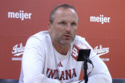 IU coach Darian DeVries addresses the media.