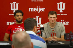 Elijah Sarratt and Fernando Mendoza address the media following IU football's 20-15 win at Iowa.