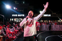 Darian DeVries addresses IU fans at Hoosier Hoops on Kirkwood.