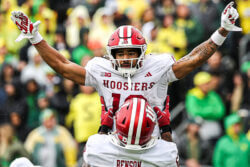 Elijah Sarratt celebrates a play in IU's win at Oregon.