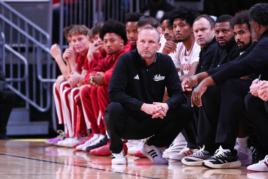 Darian DeVries on the sidelines of IU's exhibition win against Baylor.