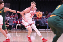 Tucker DeVries handles the ball in an exhibition game against Baylor.