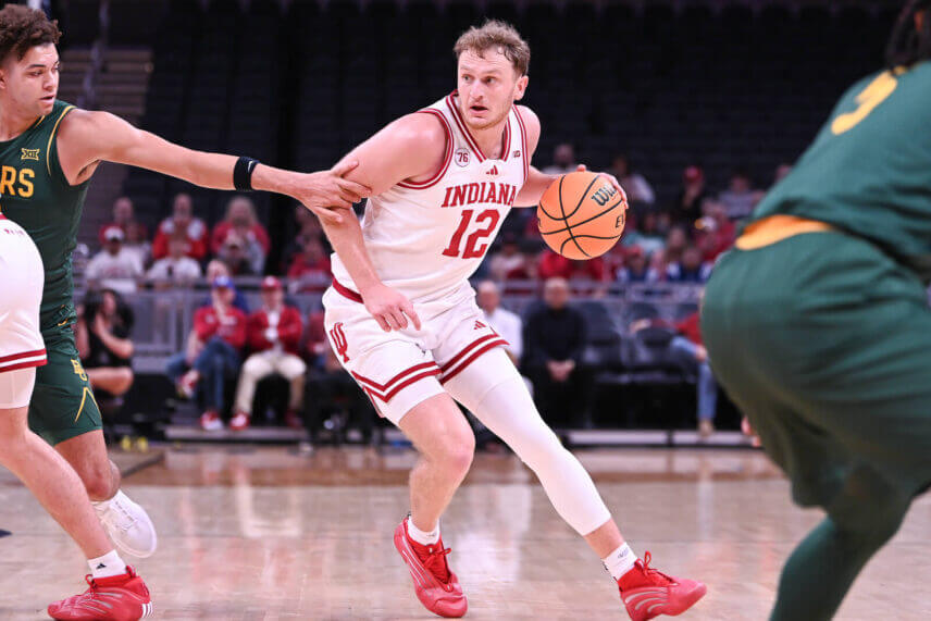 Tucker DeVries handles the ball in an exhibition game against Baylor.