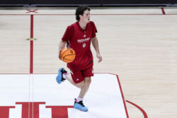 Conor Enright handles the ball in an IU practice.