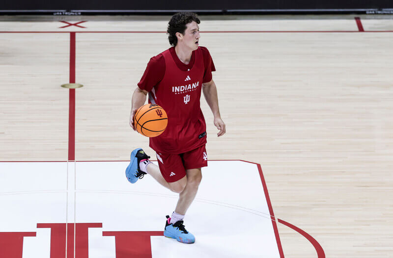 Conor Enright handles the ball in an IU practice.