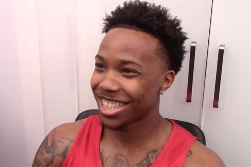 IU junior Nick Dorn talks to reporters at media day.