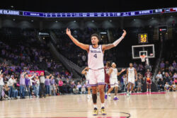 Kansas State guard PJ Haggerty celebrates.