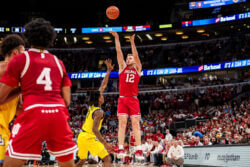 Tucker DeVries attempts a 3-pointer.