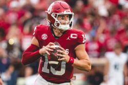 Oklahoma quarterback John Mateer attempts a pass.
