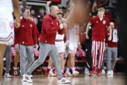 Darian DeVries celebrates a play.