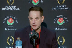 Curt Cignetti addresses the media at the Rose Bowl.