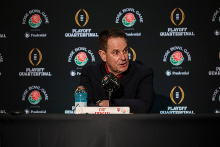 Curt Cignetti addresses the media at Rose Bowl media day.