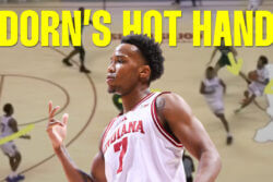 Nick Dorn celebrates hitting a 3-pointer.