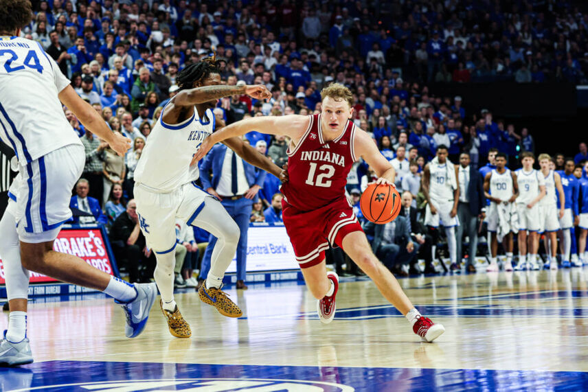 Tucker DeVries drives the ball against Kentucky.
