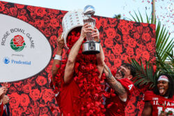 IU football celebrates a Rose Bowl win.