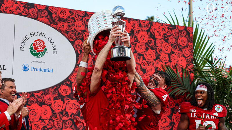 IU football celebrates a Rose Bowl win.