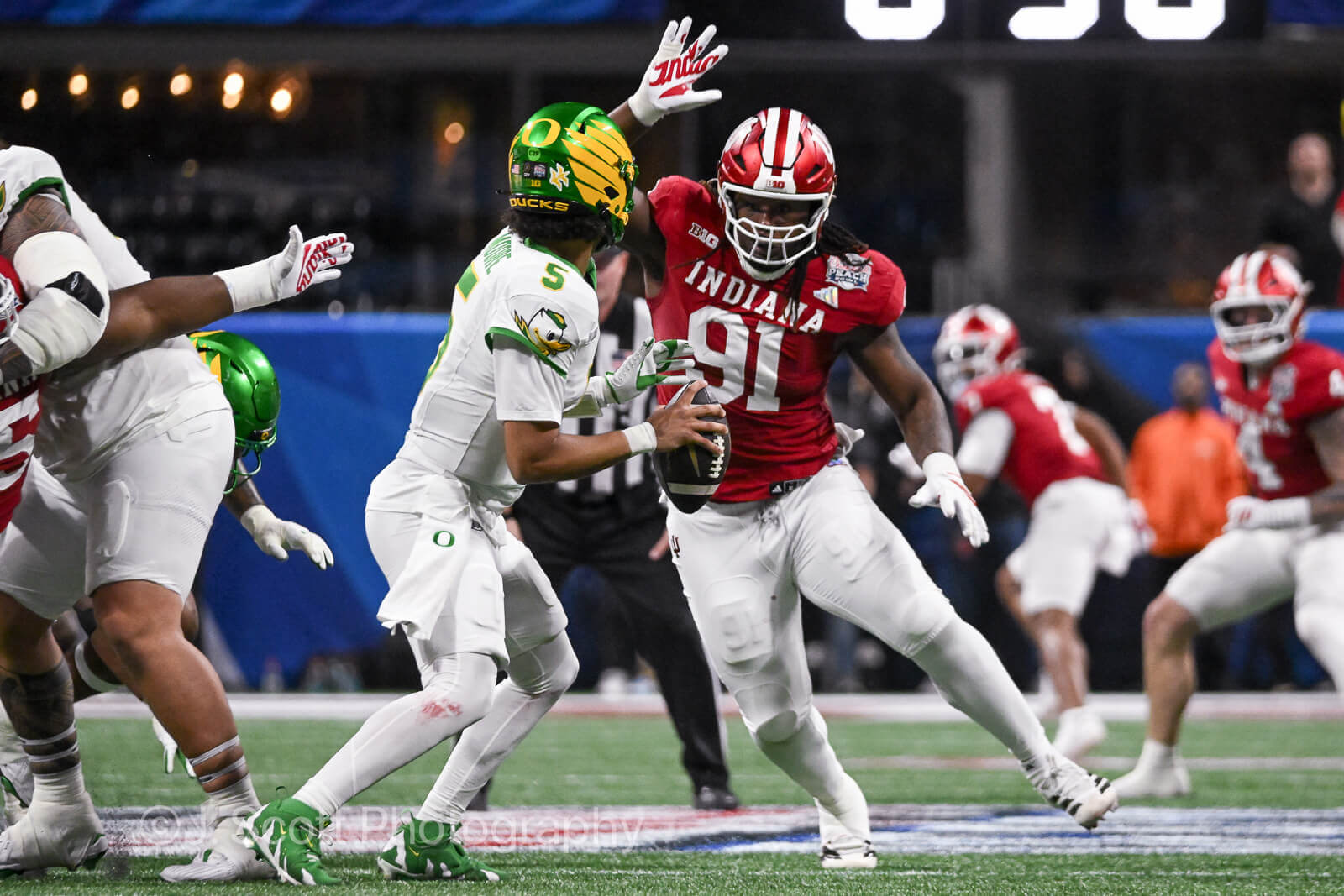 ATLANTA – Check out 81 photos by Jamie Owens from Indiana's 56-22 win against Oregon in the CFP semifinal at the Chick-fil-A Peach Bowl at Mercedes-Benz Stadium.