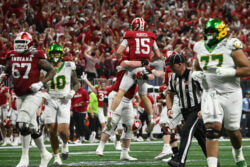 Fernando Mendoza celebrates a passing touchdown.