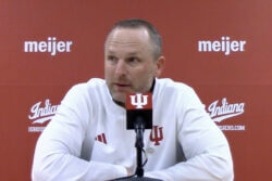 Darian DeVries addresses the media after IU's loss to Nebraska.