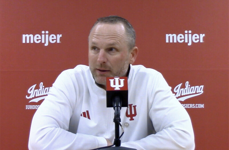 Darian DeVries addresses the media after IU's loss to Nebraska.