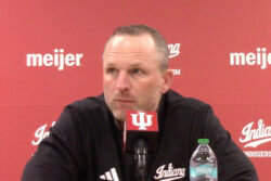 Darian DeVries addresses the media after IU's home loss to Iowa.