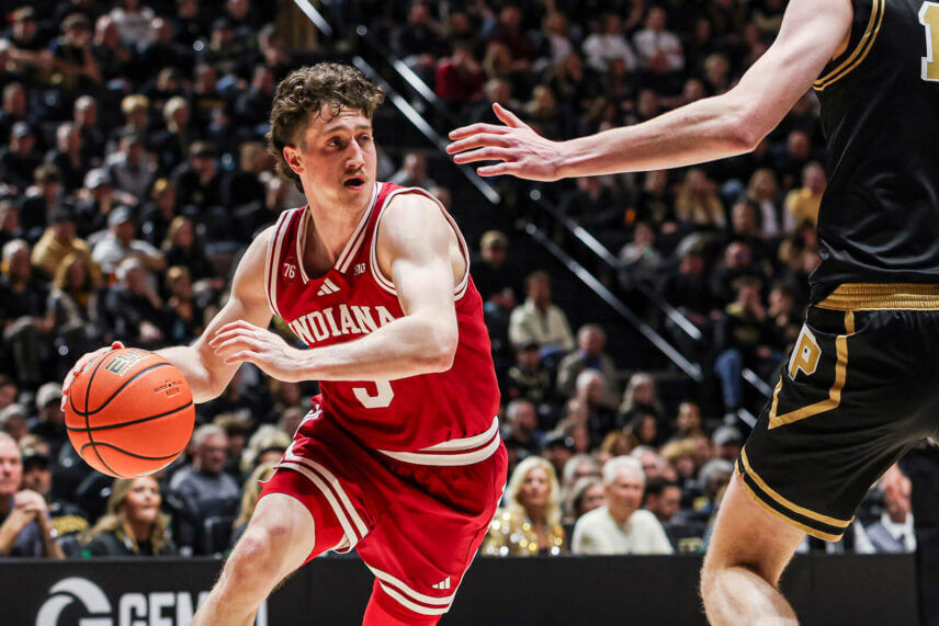 Conor Enright drives at Purdue.