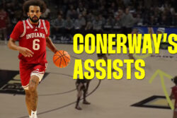 Tayton Conerway dribbles a basketball.