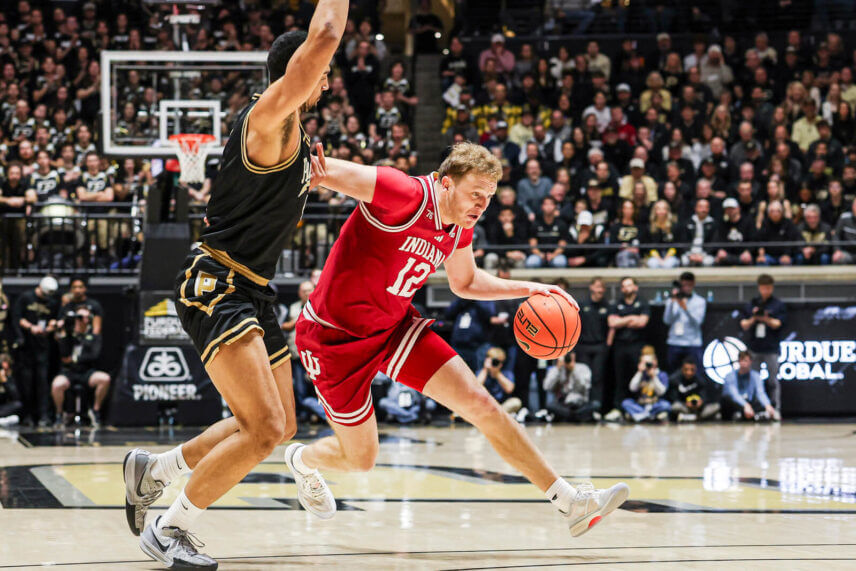 Tucker DeVries handles the ball at Purdue.