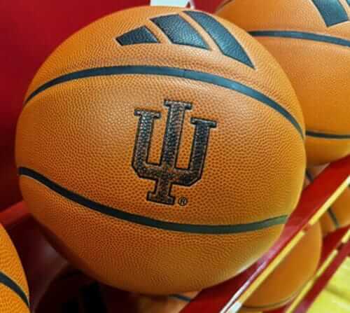 A basketball with an IU logo on it