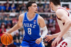 Duke wing Darren Harris handles the ball.