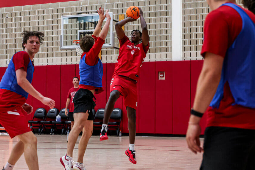 Aiden Sherrell attempts a shot at IU basketball practice.