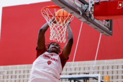 Indiana's Aiden Sherrell dunks the ball.