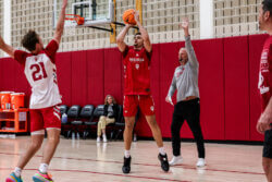 Darren Harris attempts a shot at IU basketball practice.
