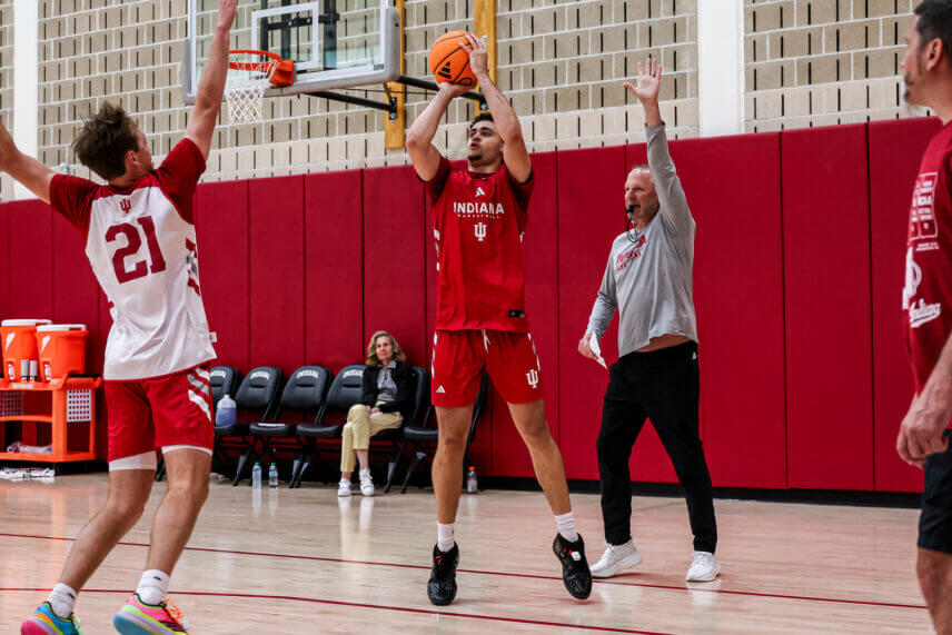 Darren Harris attempts a shot at IU basketball practice.