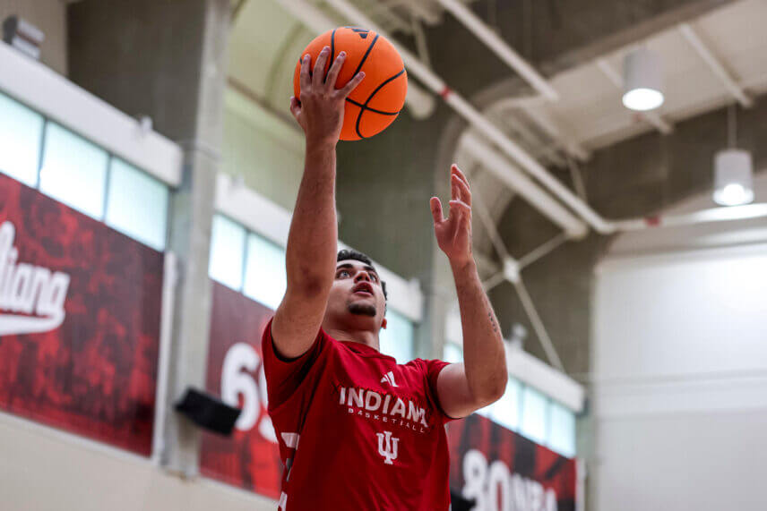 Darren Harris shoots a layup at an IU basketball practice.