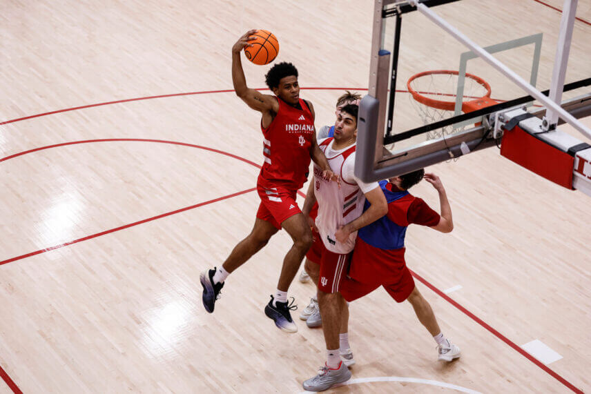 IU basketball wing Jaeden Mustaf attacks the rim.