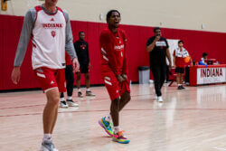 Markus Burton celebrates a play at an IU basketball practice.