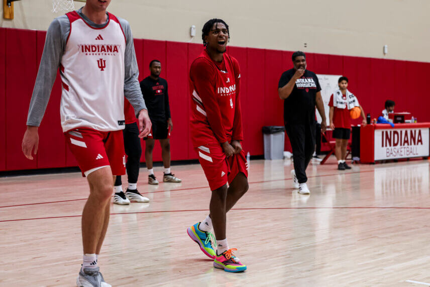 Markus Burton celebrates a play at an IU basketball practice.